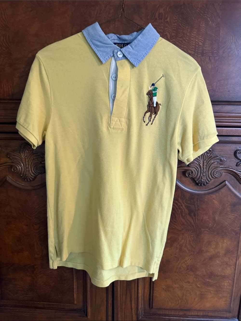 Boys medium Polo by Ralph Lauren Yellow Polo with Light Blue Contrast Collar